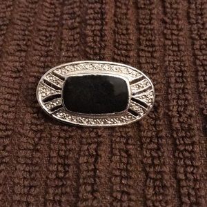 Silver Tone and Onyx Brooch